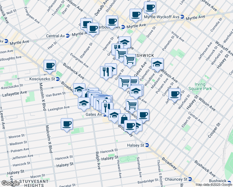 map of restaurants, bars, coffee shops, grocery stores, and more near 1179 Gates Avenue in Brooklyn