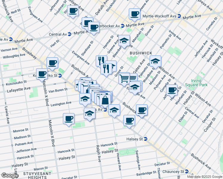 map of restaurants, bars, coffee shops, grocery stores, and more near 68 Grove Street in Brooklyn