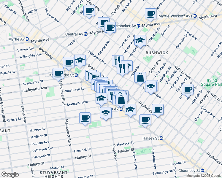map of restaurants, bars, coffee shops, grocery stores, and more near 978 Bushwick Avenue in Brooklyn