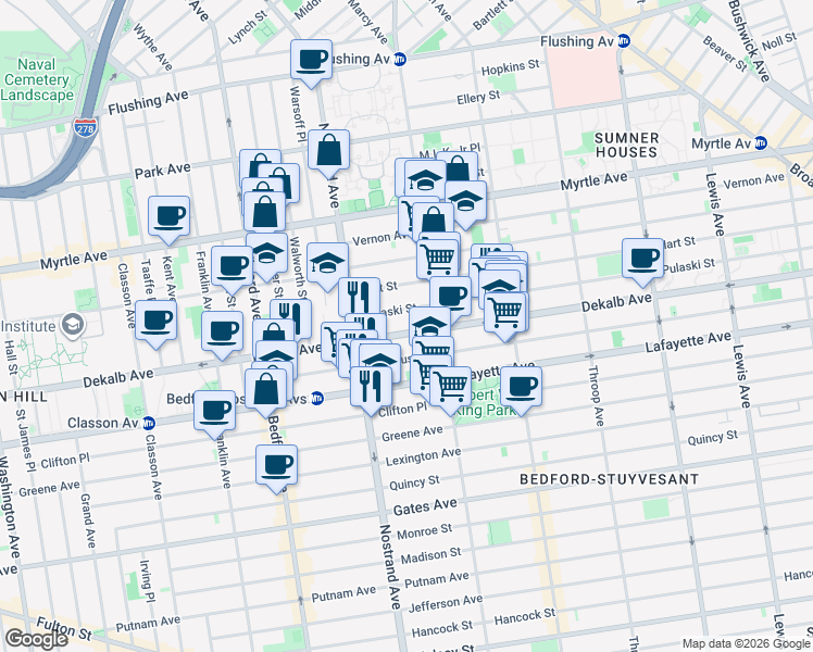 map of restaurants, bars, coffee shops, grocery stores, and more near 42 Pulaski Street in Brooklyn