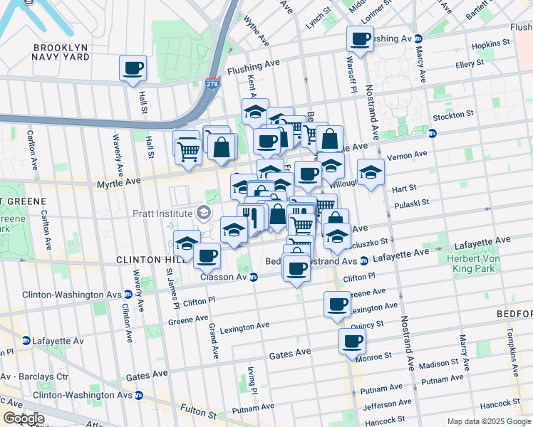 map of restaurants, bars, coffee shops, grocery stores, and more near 213 Taaffe Place in Brooklyn
