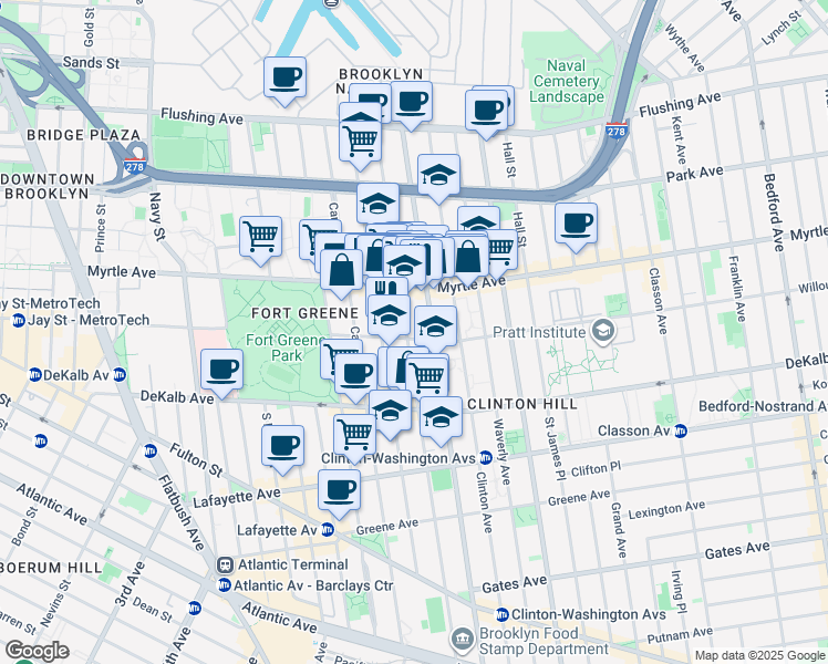 map of restaurants, bars, coffee shops, grocery stores, and more near 192 Clermont Avenue in Brooklyn