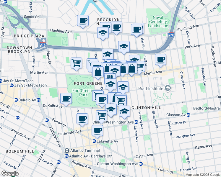 map of restaurants, bars, coffee shops, grocery stores, and more near 192 Clermont Avenue in Brooklyn