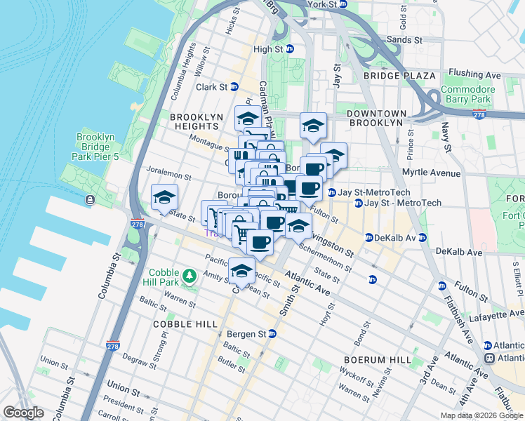 map of restaurants, bars, coffee shops, grocery stores, and more near 86 Court Street in Brooklyn