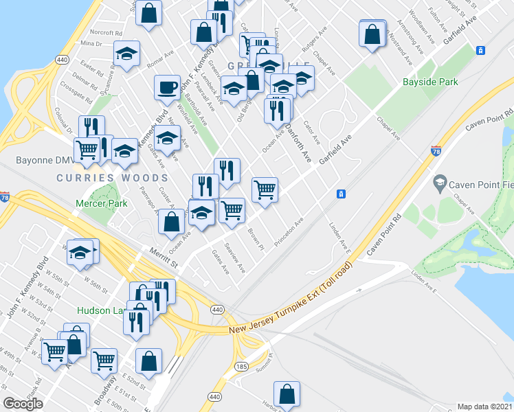 map of restaurants, bars, coffee shops, grocery stores, and more near 64 Winfield Avenue in Jersey City