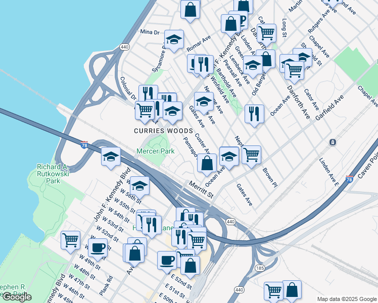 map of restaurants, bars, coffee shops, grocery stores, and more near 84 New Heckman Drive in Jersey City