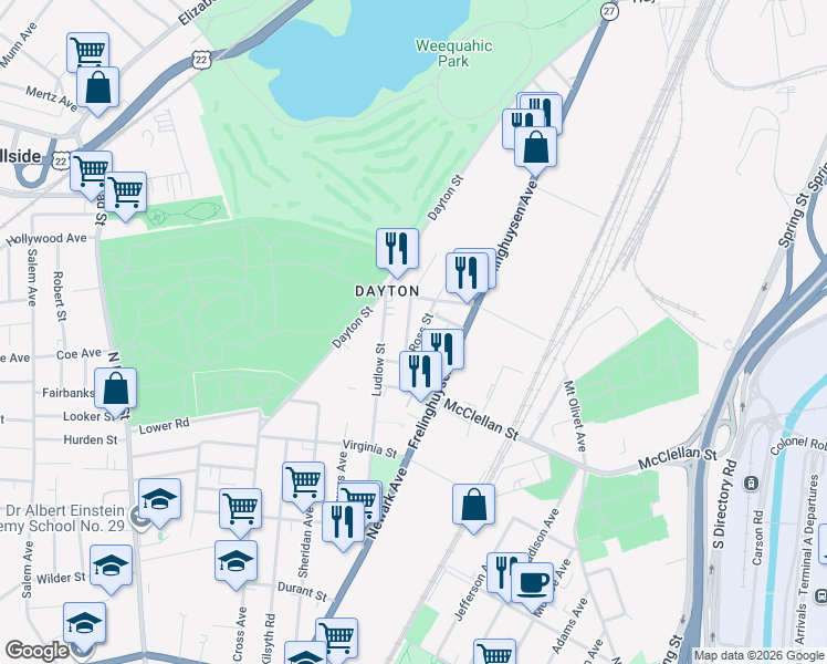 map of restaurants, bars, coffee shops, grocery stores, and more near 72-74 Hanford Street in Newark