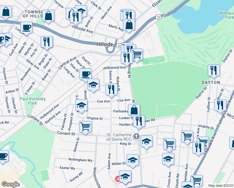 map of restaurants, bars, coffee shops, grocery stores, and more near 1221 Robert Street in Hillside