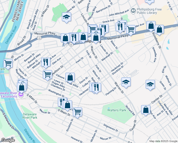 map of restaurants, bars, coffee shops, grocery stores, and more near 6 Wilson Street in Phillipsburg