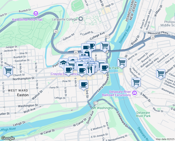 map of restaurants, bars, coffee shops, grocery stores, and more near 60 Centre Square in Easton