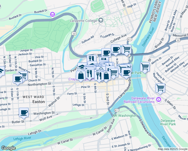 map of restaurants, bars, coffee shops, grocery stores, and more near 30 North 4th Street in Easton