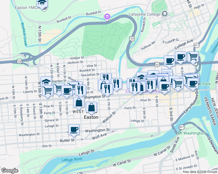 map of restaurants, bars, coffee shops, grocery stores, and more near 679 Pearl Street in Easton