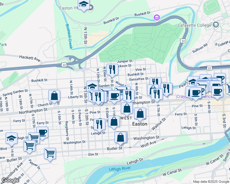 map of restaurants, bars, coffee shops, grocery stores, and more near 116 North Warren Street in Easton