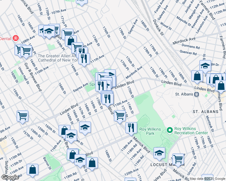map of restaurants, bars, coffee shops, grocery stores, and more near 172-16 Linden Boulevard in Queens