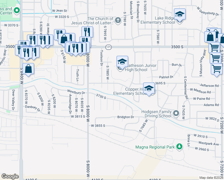 map of restaurants, bars, coffee shops, grocery stores, and more near 3712 Lone Star Circle in Magna