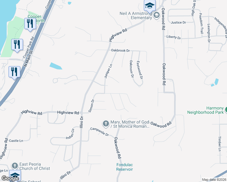 map of restaurants, bars, coffee shops, grocery stores, and more near 505 Simon Drive in East Peoria