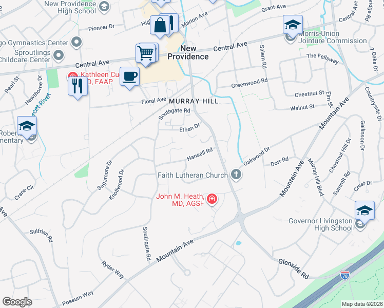 map of restaurants, bars, coffee shops, grocery stores, and more near 45 Hansell Road in New Providence