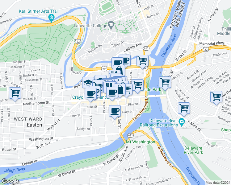 map of restaurants, bars, coffee shops, grocery stores, and more near 24 North 3rd Street in Easton