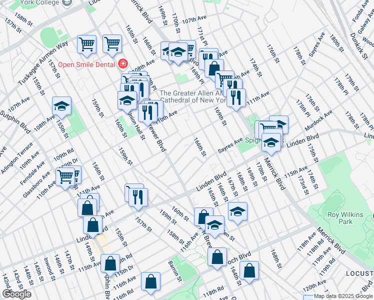 map of restaurants, bars, coffee shops, grocery stores, and more near 163-30 Claude Avenue in Queens