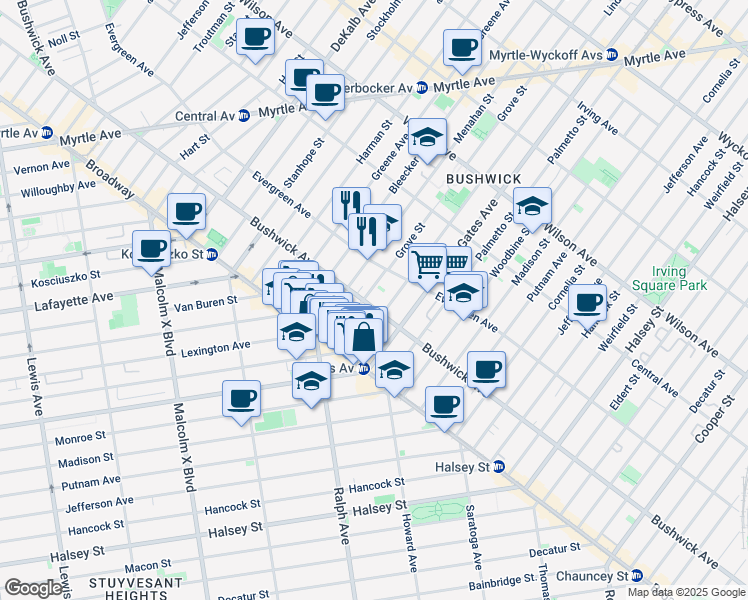 map of restaurants, bars, coffee shops, grocery stores, and more near 1001 Bushwick Avenue in Brooklyn