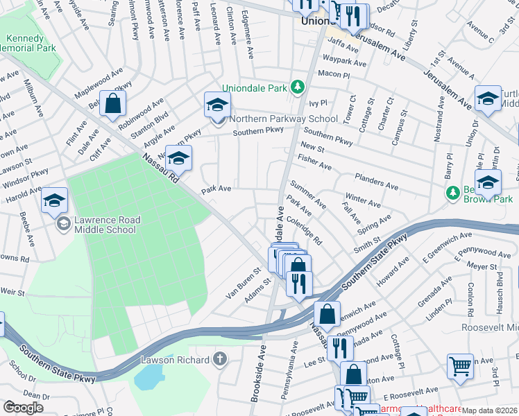 map of restaurants, bars, coffee shops, grocery stores, and more near 891 Cornwell Ave in Uniondale