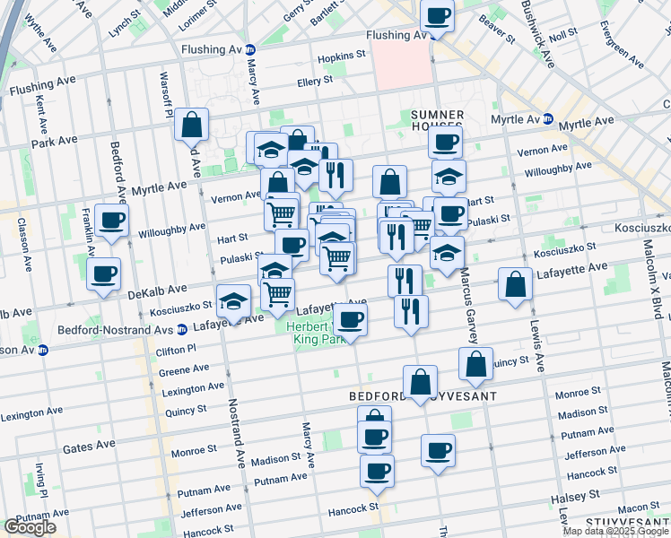 map of restaurants, bars, coffee shops, grocery stores, and more near 209 Tompkins Avenue in Brooklyn