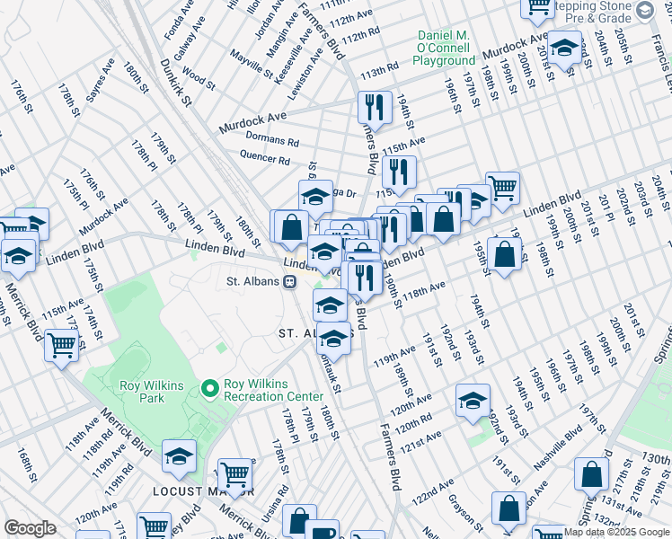 map of restaurants, bars, coffee shops, grocery stores, and more near 188-3 Linden Boulevard in Queens