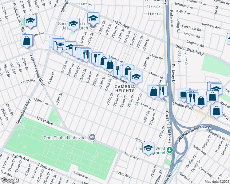 map of restaurants, bars, coffee shops, grocery stores, and more near 117-38 228th Street in Queens