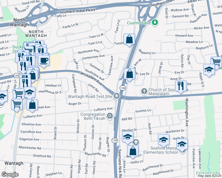 map of restaurants, bars, coffee shops, grocery stores, and more near 3695 New York 105 in Wantagh