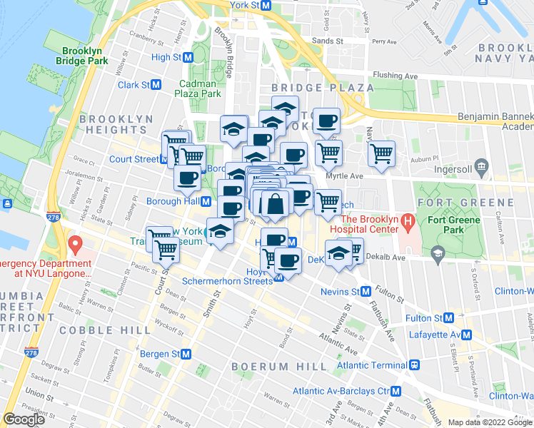 map of restaurants, bars, coffee shops, grocery stores, and more near 111 Lawrence Street in Brooklyn