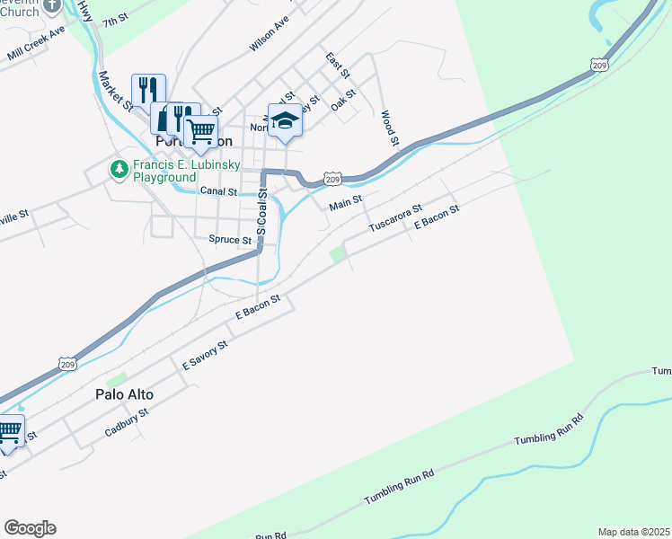 map of restaurants, bars, coffee shops, grocery stores, and more near 462 East Bacon Street in Pottsville