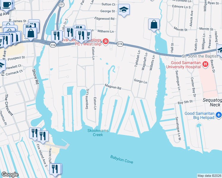 map of restaurants, bars, coffee shops, grocery stores, and more near 22 Magoun Road in West Islip