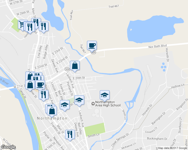 map of restaurants, bars, coffee shops, grocery stores, and more near 649 East 20th Street in Northampton
