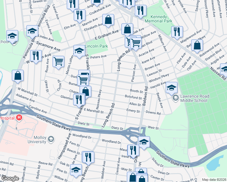 map of restaurants, bars, coffee shops, grocery stores, and more near 86 Booth Street in Hempstead