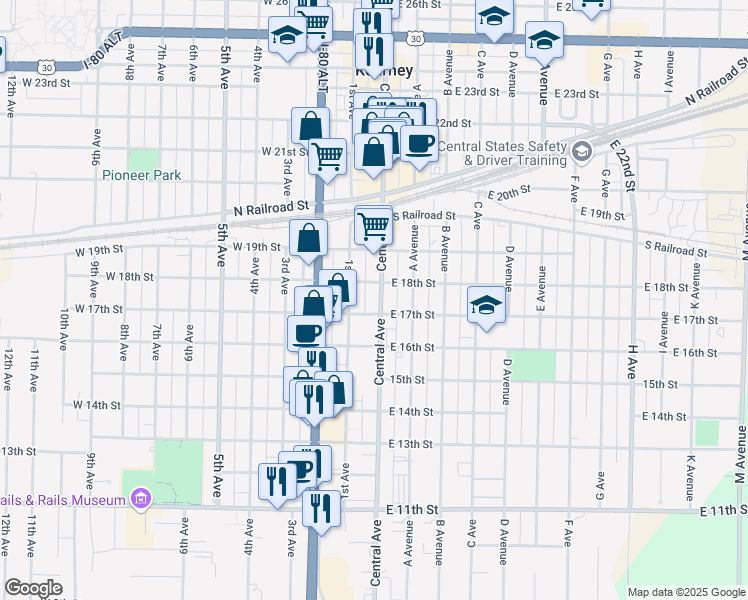 map of restaurants, bars, coffee shops, grocery stores, and more near 2-50 W 18th St in Kearney