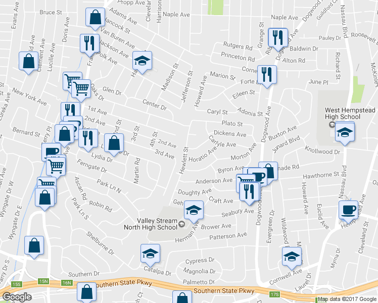 map of restaurants, bars, coffee shops, grocery stores, and more near 777 Othello Avenue in Franklin Square