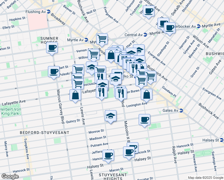 map of restaurants, bars, coffee shops, grocery stores, and more near 117 Stuyvesant Avenue in Brooklyn
