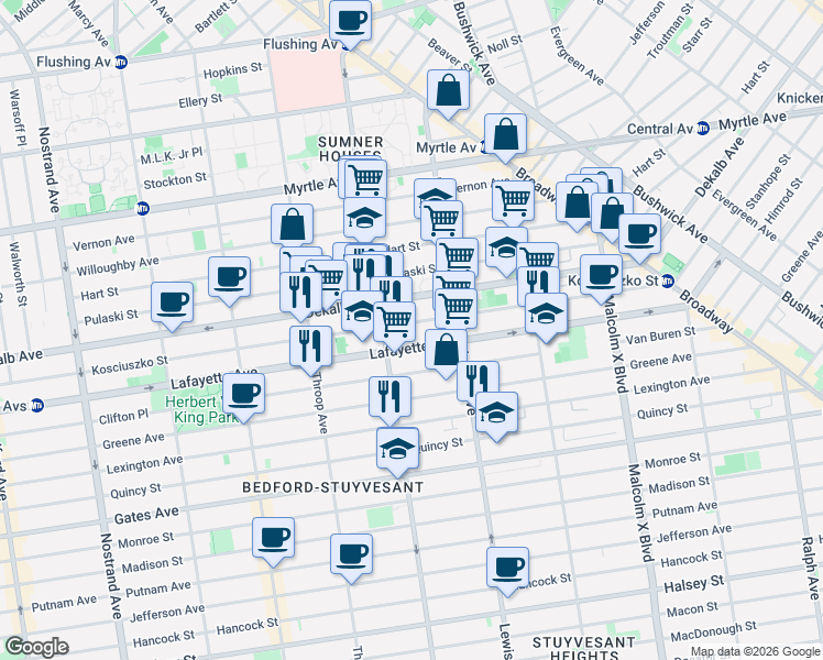 map of restaurants, bars, coffee shops, grocery stores, and more near 408 Kosciuszko Street in Brooklyn