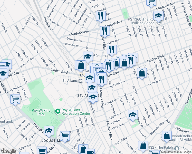 map of restaurants, bars, coffee shops, grocery stores, and more near 188-27 Linden Boulevard in Queens