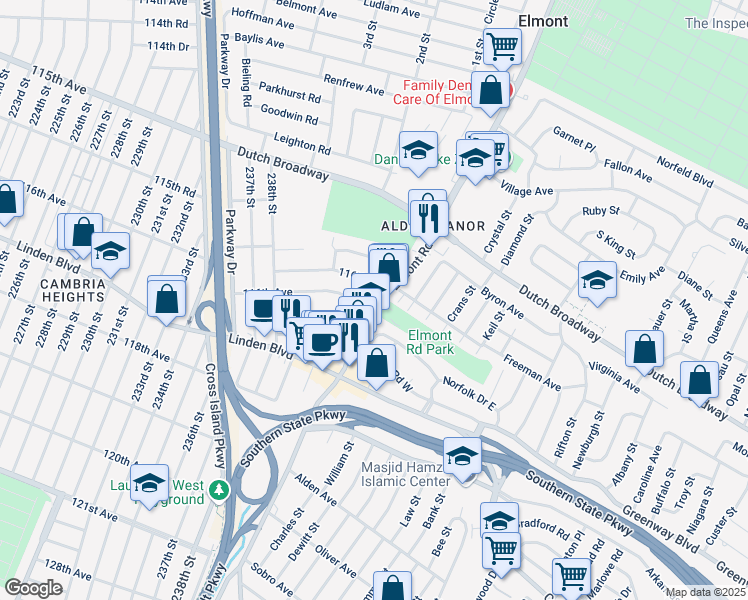 map of restaurants, bars, coffee shops, grocery stores, and more near 750 Elmont Road in Elmont