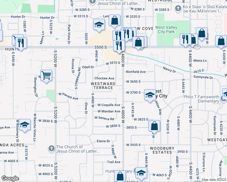 map of restaurants, bars, coffee shops, grocery stores, and more near 3697 Havasu Way in West Valley City