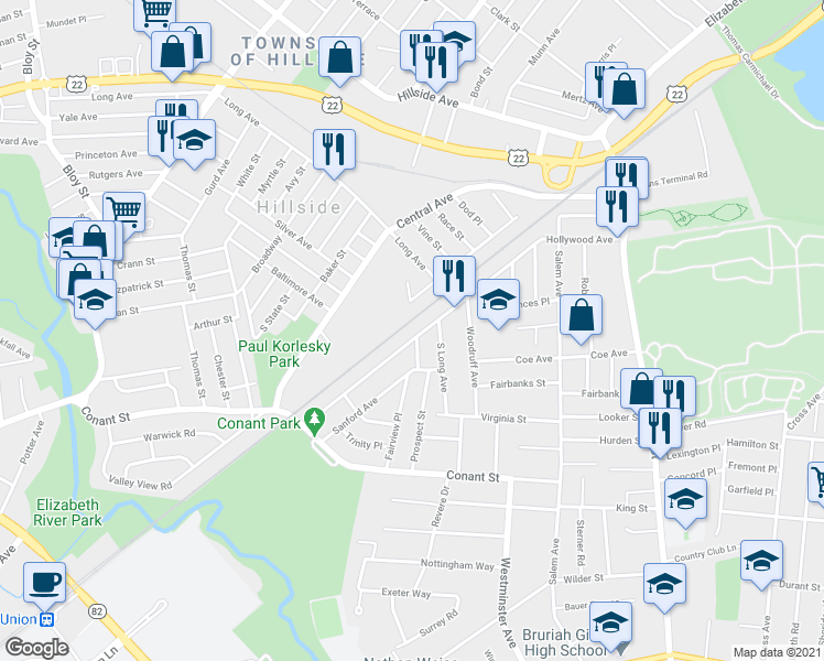 map of restaurants, bars, coffee shops, grocery stores, and more near 297 Hollywood Avenue in Hillside