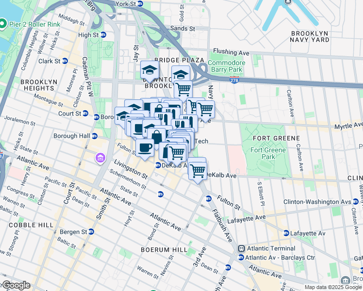 map of restaurants, bars, coffee shops, grocery stores, and more near 1 City Point in Brooklyn