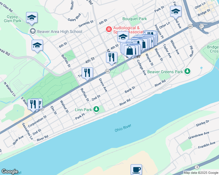 map of restaurants, bars, coffee shops, grocery stores, and more near 972 2nd Street in Beaver