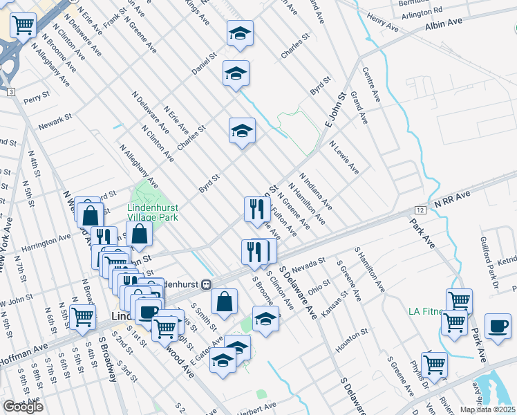 map of restaurants, bars, coffee shops, grocery stores, and more near 204 East John Street in Lindenhurst