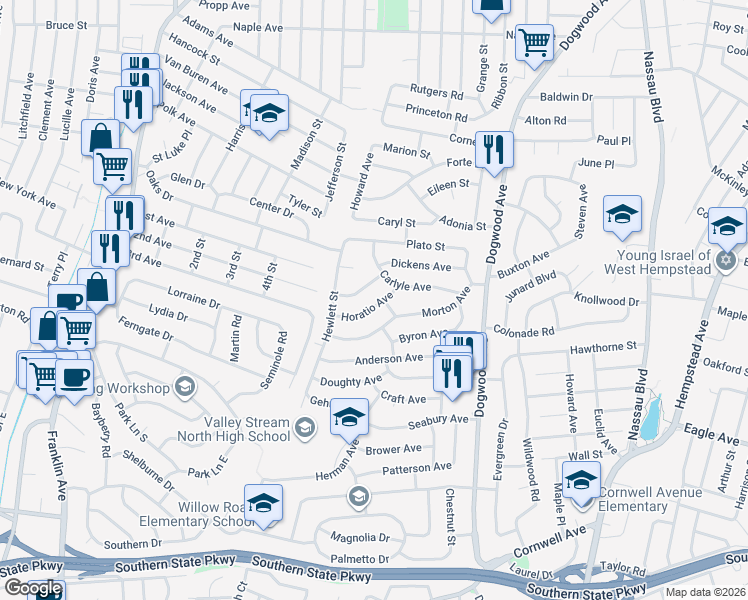 map of restaurants, bars, coffee shops, grocery stores, and more near 738 Horatio Avenue in Franklin Square