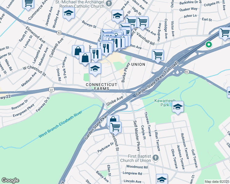 map of restaurants, bars, coffee shops, grocery stores, and more near in Union