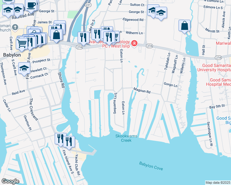 map of restaurants, bars, coffee shops, grocery stores, and more near 43 Sequams Lane in West Islip
