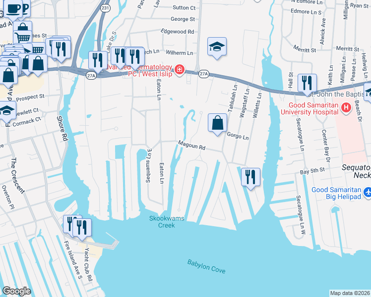map of restaurants, bars, coffee shops, grocery stores, and more near 22 Magoun Road in West Islip
