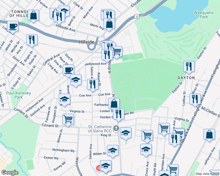 map of restaurants, bars, coffee shops, grocery stores, and more near 1216 North Broad Street in Hillside
